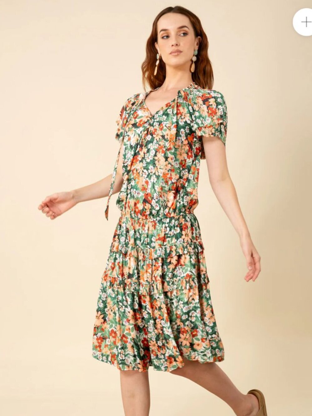 Hale Bob Pleated Floral Dress Size Medium Tiered-Swing Boho Peasant Cottage NWT